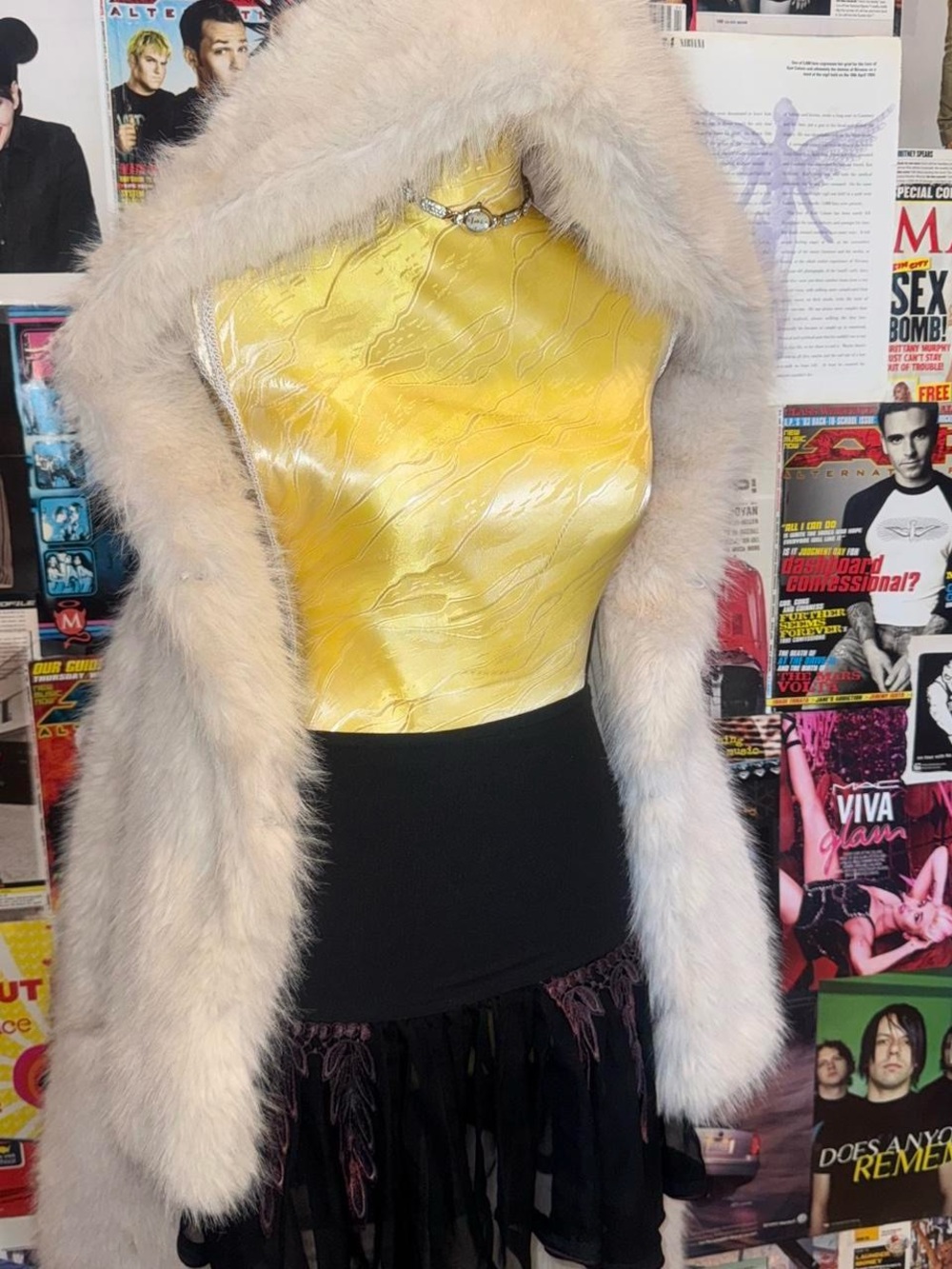 Faux Fur Hooded Coat in Soft Cream with Yellow Satin Bodice